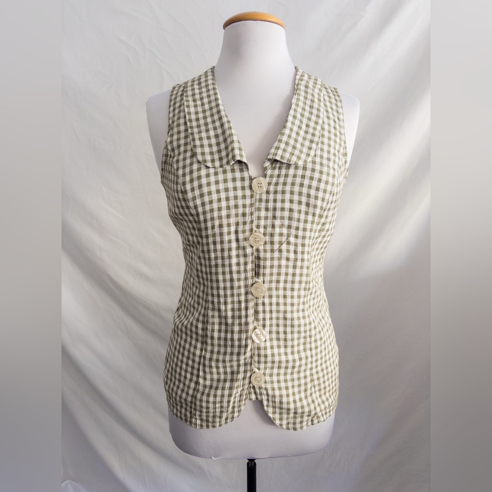 Vintage Rampage Gingham Button Front Vest Top Olive Green Small
